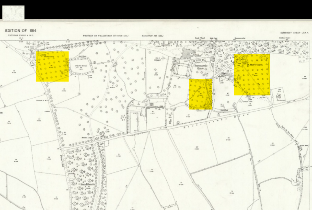 Detail from 1911 Ordnance Survey Map 25 in showing from left to right Park Gate Orchard Portman Orchard and the Great Orchard