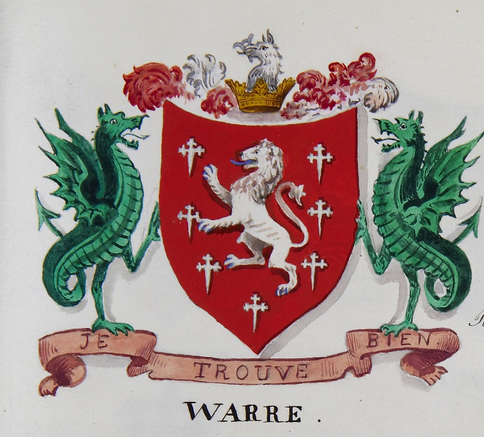 Fig. 12 Shield of the Warre family. In heraldic terms: Gules (red), crusuly fitchee (crosses with pointed bottoms), a lion rampant (lion standing on its hind legs) argent (silver).