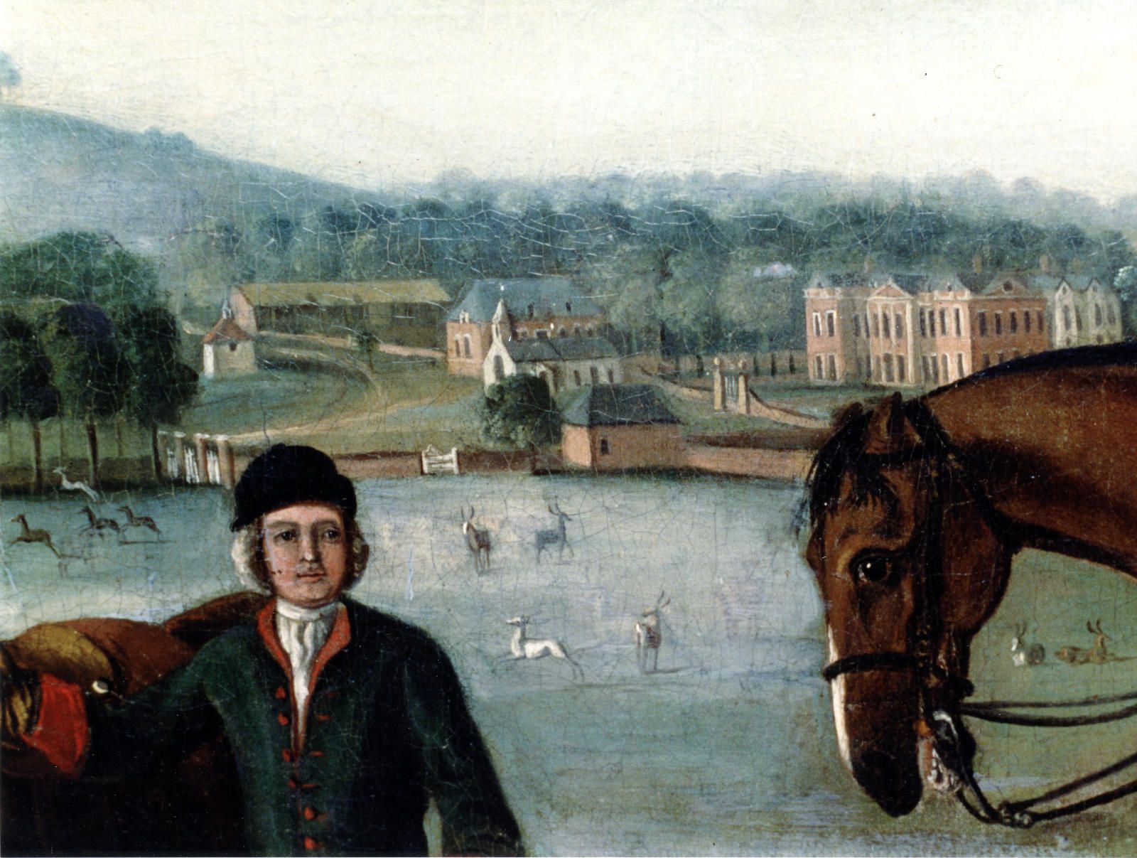 Fig. 1 - Detail from portrait of C. W. Bampfylde by J. Wootton c.1740 showing the Hestercombe House chapel background centre