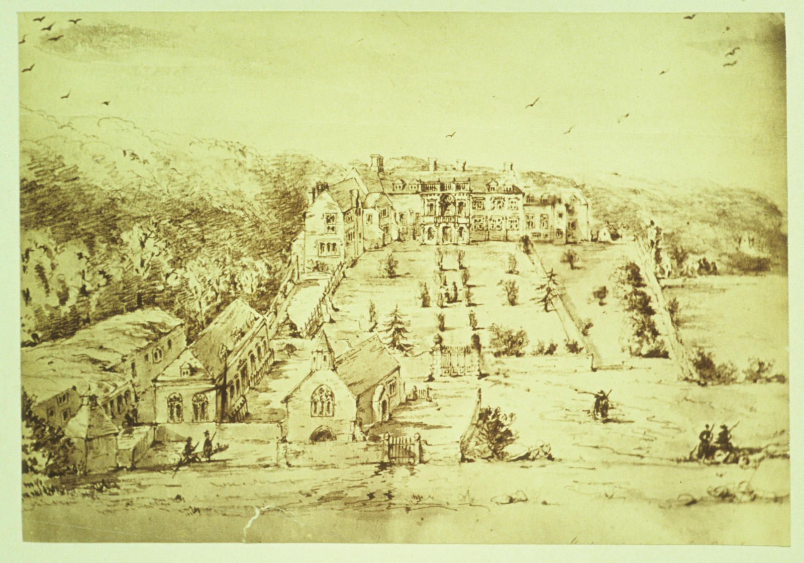 Fig. 7 - Hestecombe chapel as depicted in the foreground of a sketch based on the painting, 'Hestercombe 1700'