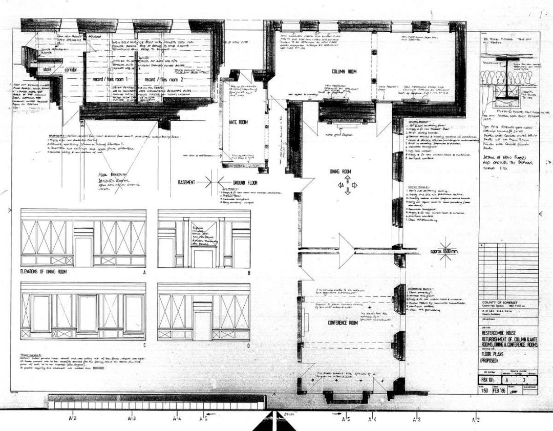 Fig. 5 – Plan. Hestercombe House Refurbishment of Column & Ante Rooms, Dining and Conference Rooms. County Architect, G. W. Hill. February 1986.