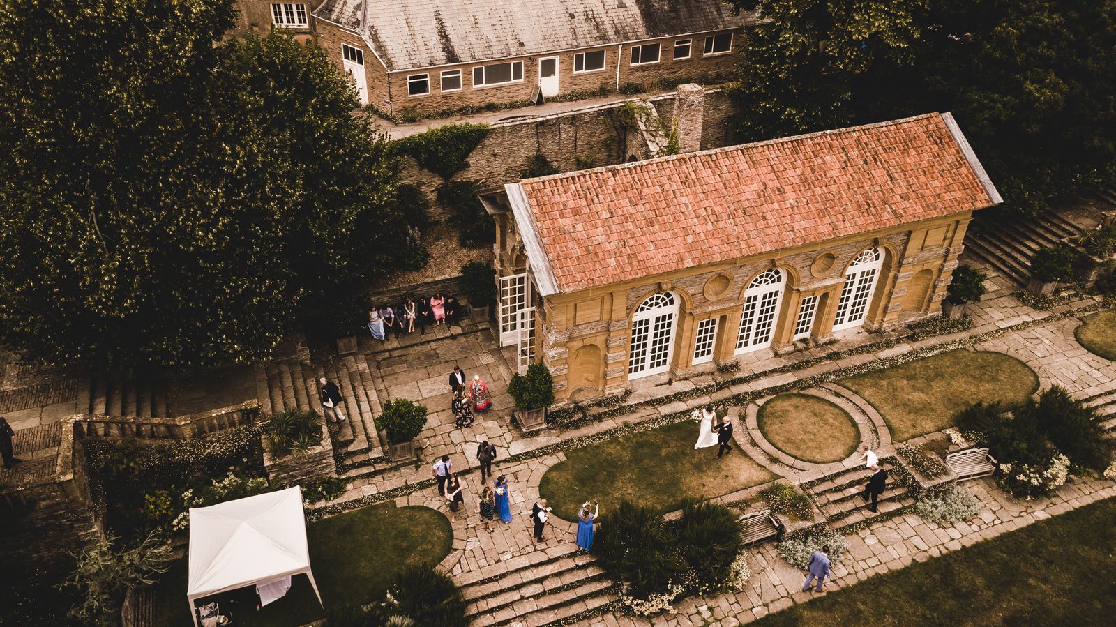 Aerial shot of outdoor wedding at Hestercombe by Jamie Dodd Photography
