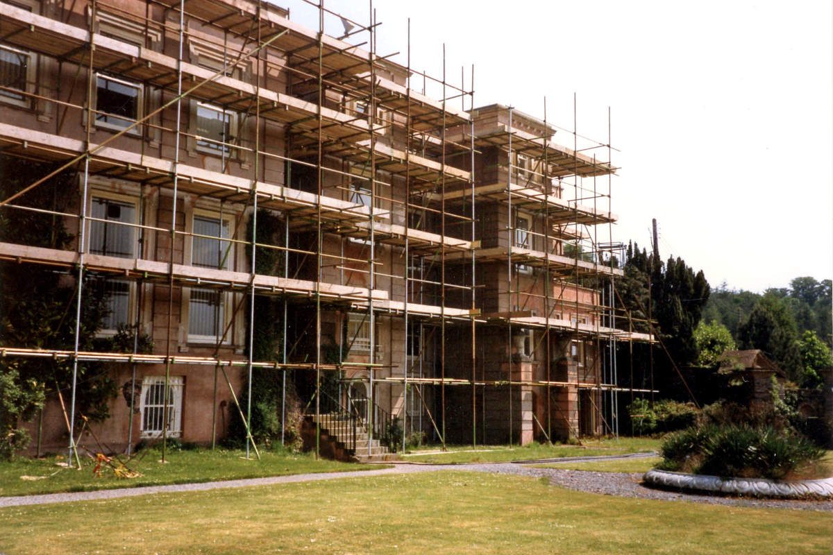 Fig. 10 South Front Hestercombe House being replastered c.1990_somerset fire brigade-hestercombe